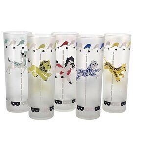 5 Libbey Merry-Go-Round Cocktail Glasses 7" satin frosted barware 1950s circus